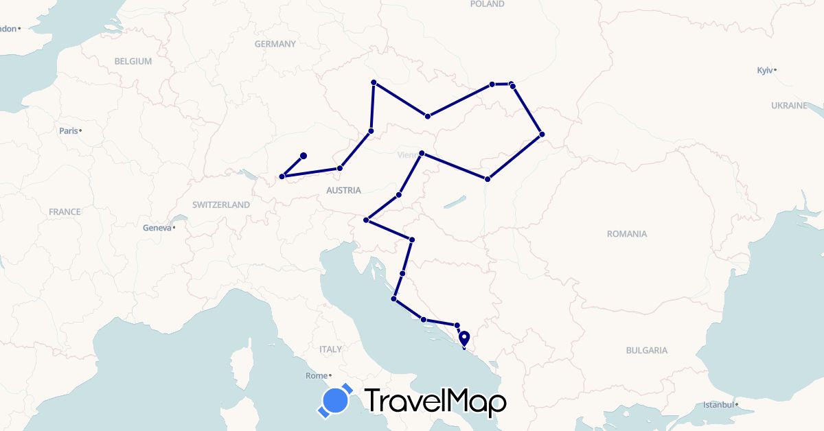TravelMap itinerary: driving in Austria, Bosnia and Herzegovina, Czech Republic, Germany, Croatia, Hungary, Poland, Slovenia, Slovakia (Europe)