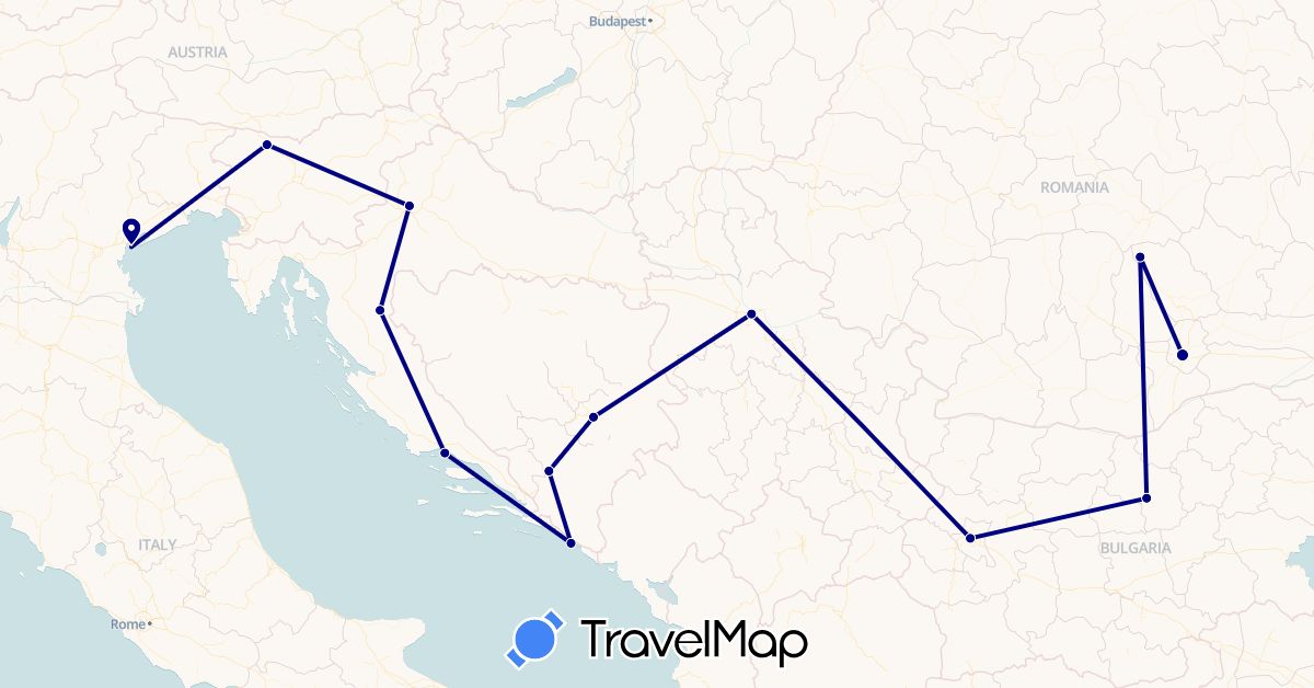 TravelMap itinerary: driving in Bosnia and Herzegovina, Bulgaria, Croatia, Italy, Romania, Serbia, Slovenia (Europe)